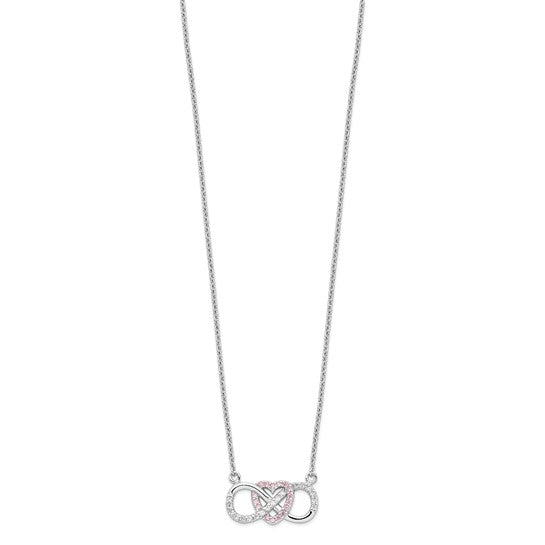Prong Set Diamond Essence Round Diamond and Pink Melee Stones Set in Platinum Plated Sterling Silver Heart Necklace