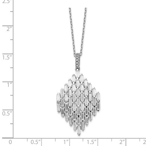 Prong set cluster necklace with artificial brilliant baguettes 5 Cts.t.w. 47 baguettes,6 round melee in platinum plated sterling silver.