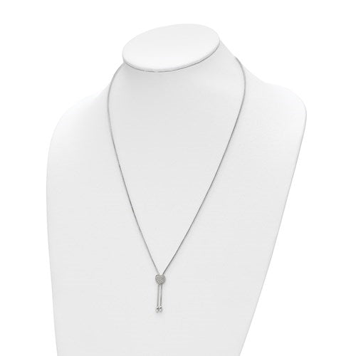 Lariat necklace with artificial brilliant round diamonds 0.5 Cts.t.w.  27, round melee in platinum plated sterling silver.  Slip on, adjustable, no clasp necklace