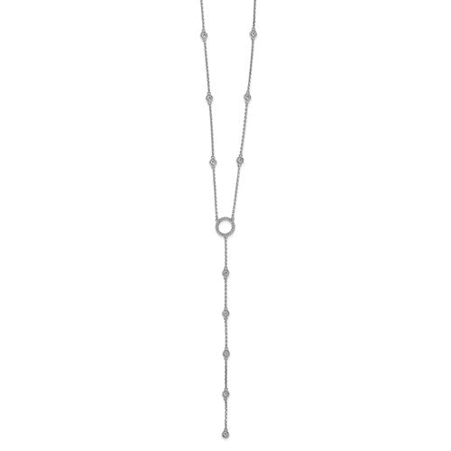 Lariat necklace with artificial brilliant round diamonds 1 Cts.t.w. 2.5mm in bezel set & 21, 1.2 mm round melee in platinum plated sterling silver.
