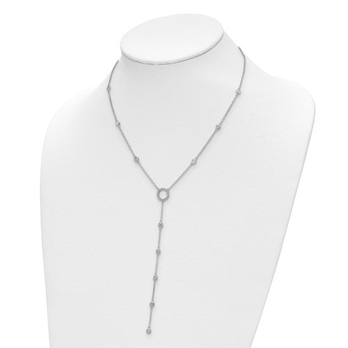 Lariat necklace with artificial brilliant round diamonds 1 Cts.t.w. 2.5mm in bezel set & 21, 1.2 mm round melee in platinum plated sterling silver.