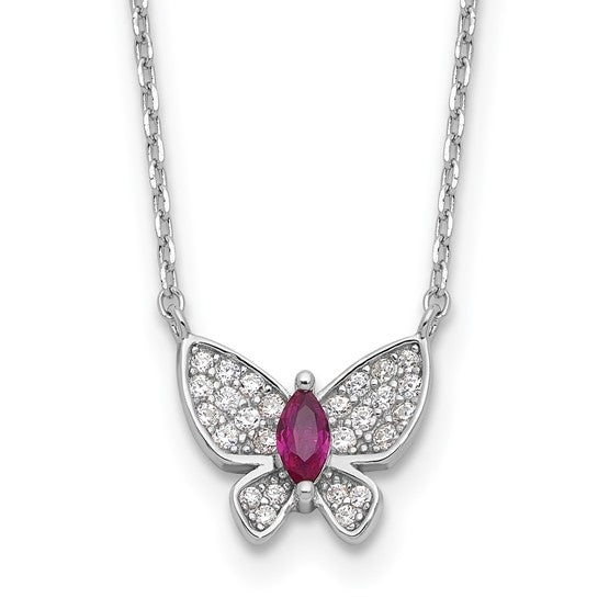 Silver Butterfly Necklace of faux ruby and diamond set on 16" long chain with 2 inch extension