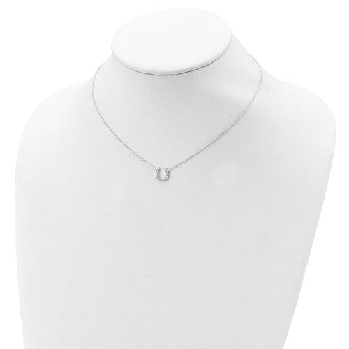 Bring The Luck with this beautiful Horseshoe necklace of Diamond Essence Round Brilliant Melee, 0.50 cts.t.w. set in Platinum Plated Sterling Silver and attached with a 16" long chain with 1" extension.