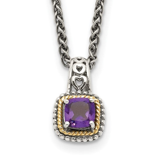 Sterling Silver with 14K Accent 18 Inch Antiqued Cushion Amethyst Essence Necklace