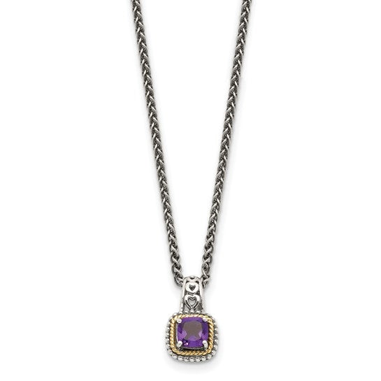 Sterling Silver with 14K Accent 18 Inch Antiqued Cushion Amethyst Essence Necklace