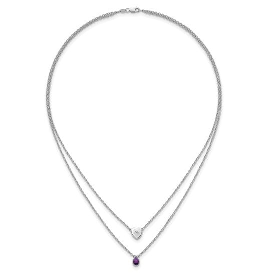 Bezel Set Diamond Heart and Amethyst Teardrop Two Strand Platinum Plated Sterling Silver Necklace