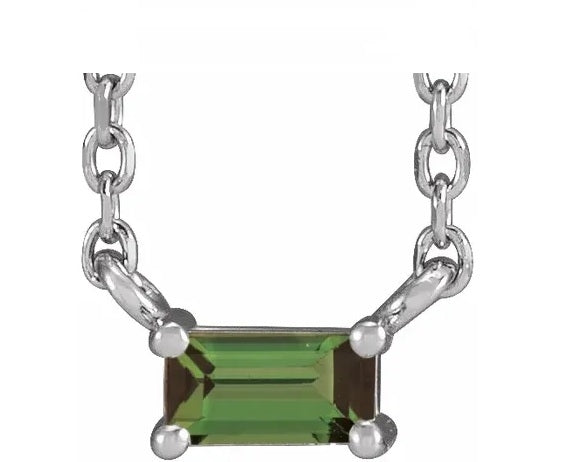 Women's single artificial green tourmaline straight baguette necklace by Diamond Essence set in platinum plated sterling silver. 0.25 Cts. t.w.