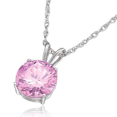 Diamond Essence lovely Pink Stone of 2.0 ct. set in Platinum Plated Sterling Silver four-prongs setting on 16" chain. (Also available in 14K Solid White Gold, Item# WPD1732).
Free Silver Chain Included.