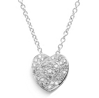 Beautiful Heart Pendant with the outer ring of heart encircling the micro pave set bulge heart. Truly lovable..2 Cts. T.W. in Platinum Plated Sterling Silver.