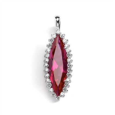 Diamond Essence 4.0 ct. ruby stone surrounded by round stones, 4.5 Cts. T.W. set in Platinum Plated Sterling Silver. Chain Included.