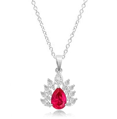 Prong Set Designer Pendant with Simulated Pear Cut Ruby Essence and Brilliant Marquise Diamonds by Diamond Essence set in Sterling Silver