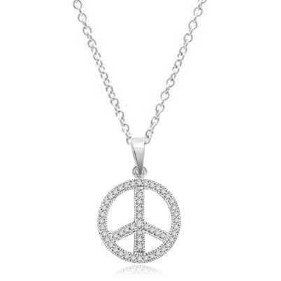 PEACE Sign Pendant. Platinum Plated Sterling Silver Pendant, channel set Round Brilliant Diamond Essence stones sparkling bright and spreading peace everywhere. 1.00 ct.t.w.