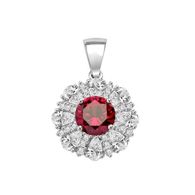 Diamond and Ruby Pendant - 2.0 cts. Round Ruby Essence in center surrounded by Pear Cut Diamond Essence and Melee. 5.5 Cts. T.W. set in Platinum Plated Sterling Silver.