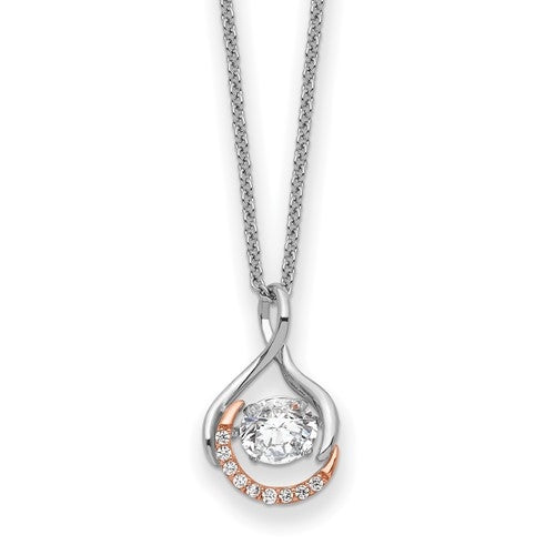 Diamond Essence Designer Pendant with Round Brilliant Stone and Melee, set in Platinum Plated Sterling Silver. 17.3mm Length x 10.5mm Width. with moving center.