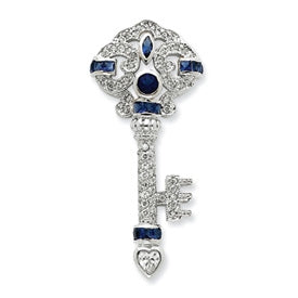 Key Pendant Simulated Sapphire Diamonds Pave Set