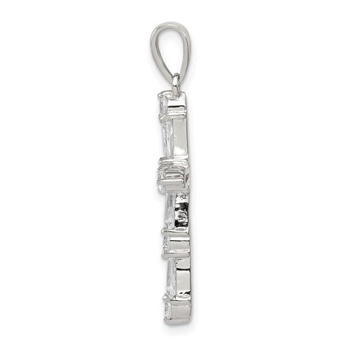 Beautiful designer cross pendant with Diamond Essence tapered baguettes and round stones, 2.0 cts.t.w. set in Platinum Plated Sterling silver.
Free silver chain included.