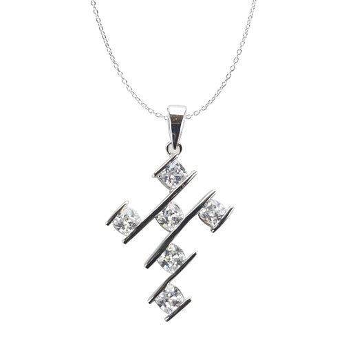 Diamond Essence Cross Pendant With Cushion Cut Stone In Bar Setting,3 Cts.T.W In Platinum Plated Sterling Silver.
​Approx Size Of Pendant Is 33mm Length And 21.50mm Width.