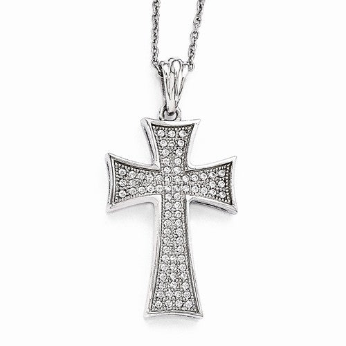 Diamond Essence Cross Pendant with Pave setting Melee, 1.50 cts.t.w.in Platinum Plated Sterling Silver. 18" Chain with extension of 2", Pendant length-34mm.