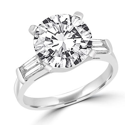Prong Set Engagement Ring with Artificial 3.5 Cts. Round Diamond and Baguettes by Diamond Essence set in Sterling Silver