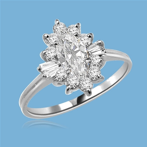 Honeysuckle Rose - 1 Ct. Marquise Cut Center stone with Baguettes and Round Accent Masterpieces. 1.3 Cts. T.W. in Platinum Plated Sterling Silver.