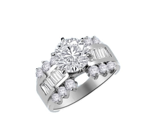 round stone ang baguettes silver ring