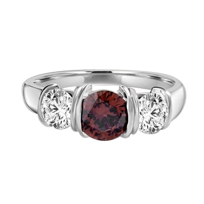 Diamond Essence designer ring with 1.0ct Chocolate Essence center and 0.5ct Round Brilliant stones on each side, 2.0ct. T.W. set in Platinum Plated Sterling Silver.