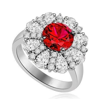 Diamond and Ruby Ring - Outstanding Ring with 2.0 cts. Round Ruby Essence in Center surrounded by Pear cut Diamond Essence and Melee. 5.5 Cts. T.W. set in Platinum Plated Sterling Silver.