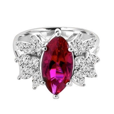 Designer Ring with 2.0 Cts. Marquise cut Ruby Essence in center accompanied by delicately set Marquise and Melee on each side. 3.0 Cts. T. W. set in Platinum Plated Sterling Silver.