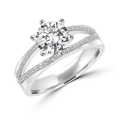 Diamond Essence Ring with 1.0ct. Round brilliant stone set in six prongs with two rows of round stones on each side, 2.10ct. tw. in Platinum Plated Sterling Silver.