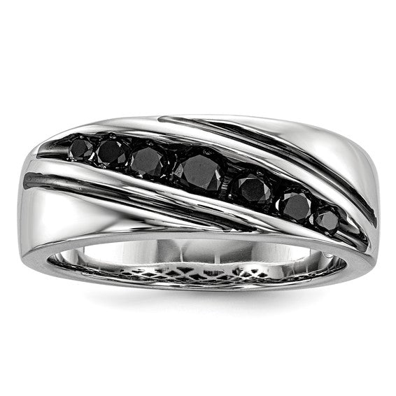 Channel set Black Diamond Men's Rhodium Silver Ring