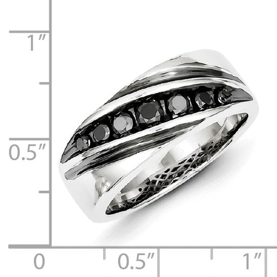 Channel set Black Diamond Men's Rhodium Silver Ring