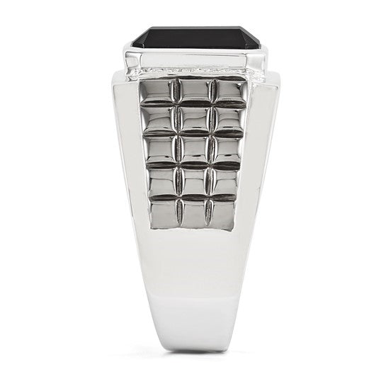 Bezel Set Emerald Cut Onyx and Round Diamond Stones In Platinum Plated Sterling Silver