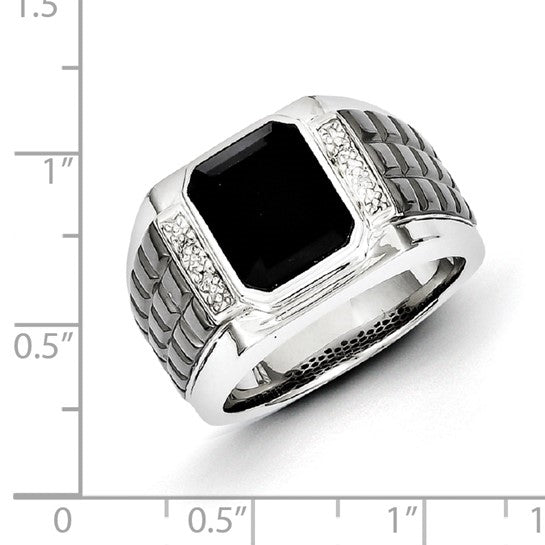 Bezel Set Emerald Cut Onyx and Round Diamond Stones In Platinum Plated Sterling Silver