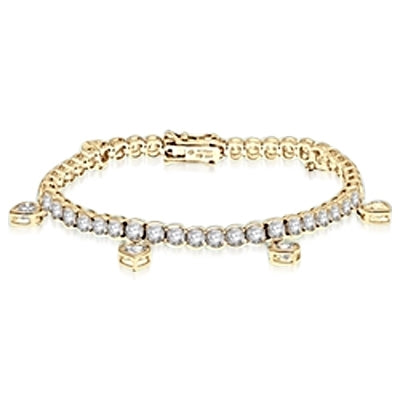 Diamond Essence Round Brilliant stones, 0.20 ct. each set in Gold vermeil bezel setting and 6 Heart dangles, 0.5 ct. each heart cut Diamond Essence stone, attached at 1'' distance. 11.5 cts. t.w. Good for an occasion.