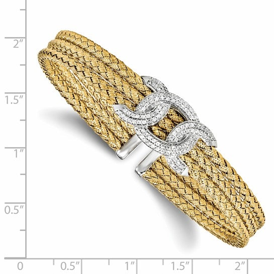 Perfect for every occasion, this woven design gold plated sterling silver cuff bracelet with rhodium plated centerpiece of Diamond Essence round brilliant stones set on a prong setting, 2.5 cts. t.w
