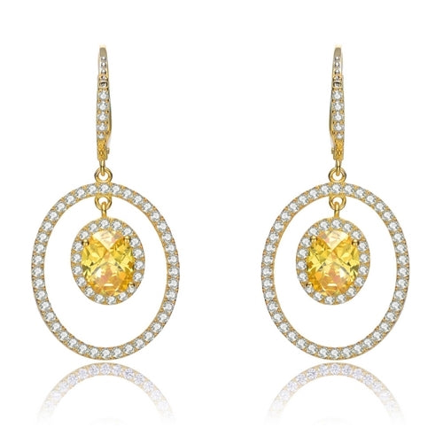 Designer Leverback Earring, with 1.5 carat oval Yellow Citrine Essence surrounded by Round Essence melee, Outlined with bigger oval setting with melee. 5.5 cts.t.w. in Gold Plated Sterling Silver.