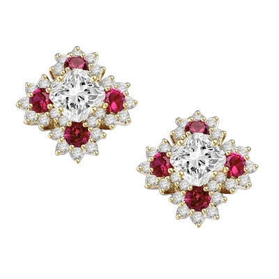 Designer Earrings with Asscher cut Diamond Essence in center surrounded by Floral Designs created with Round Ruby Essence and Melee. 6.0 Cts. T.W. set in 14K Gold Vermeil.