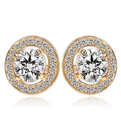 Round stone earrings - 1.25 Cts. each Round Brilliant Diamond Essence surrounded by circle of Diamond Essence Melee. 2.90 Cts. T.W. set in 14k Gold Vermeil.