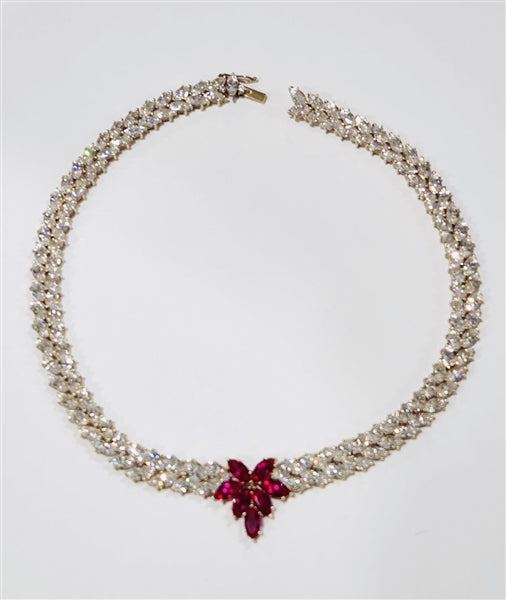 Designer Necklace with Marquise cut Ruby Floral in center and 2 rows of graduating  Marquise Essence all around neckline. Appx. 72.0 Cts.t.w. set in 14K Gold Vermeil.