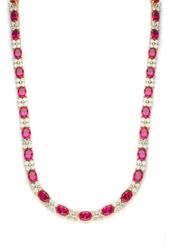 Diamond Essence Designer Necklace with 1.25 cts. Oval cut Ruby Essence and Round Brilliant Diamond Essence Stones. Appx. 72.00 Cts. T.W. In 14K Gold Vermeil.