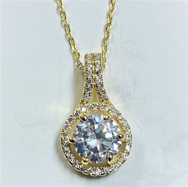 Diamond Essence Designer Pendant with Round Brilliant Stone and Melee, 2.20 Cts.t.w. set in Gold Plated Sterling Silver. 18mm Length x 10mm Width.