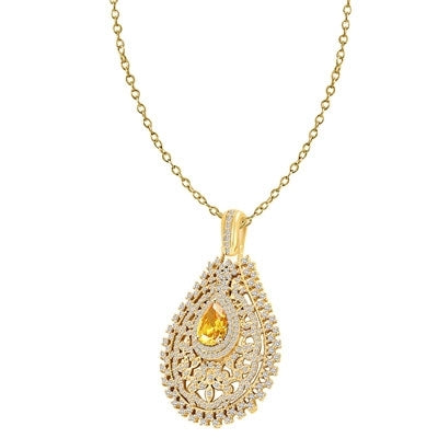 Prong Set Designer Pendant with Simulated Pear Shape Canary in center surrounded by Artistically set Brilliant Melee Diamonds by Diamond Essence set in Vermeil