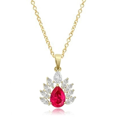 Prong Set Designer Pendant with Simulated Pear Cut Ruby Essence and Brilliant Marquise Diamonds by Diamond Essence set in Vermeil