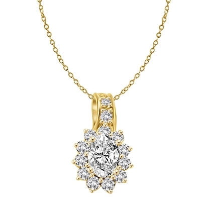 Brilliant Pendant with 1.5 Ct. Oval center surrounded by beautiful melee of Round Brilliants. 2.25 Cts.T.W. In 14k Gold Vermeil. Free Gold Vermeil Chain.