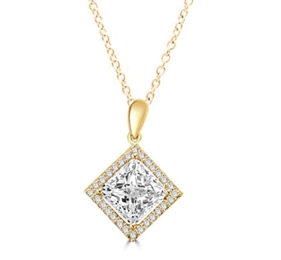 Diamond Essence Designer Pendant with 2.5 ct. Princess Cut Stone sorrounded by Round Stones in 14K Gold Vermeil.
