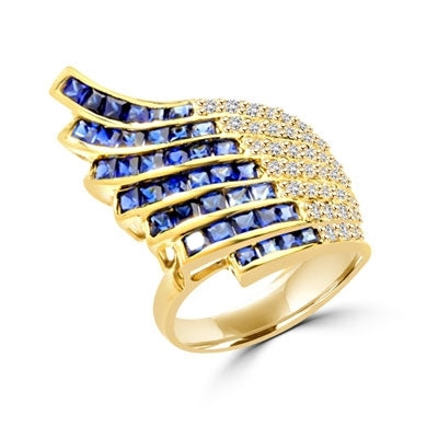 Wildfire - Art Deco Ring with burst of 36 Melee accents followed by 38 flaming Sapphire Essence princess cut jewels. 4.0 Cts. T.W. set in 14K Gold Vermeil.