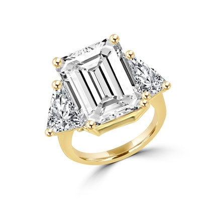 Designer Ring with 13.0 cts. Diamond Essence Emerald in center and triangle stones on each side. 21.0 Cts. T.W. set in 14K Gold Vermeil.