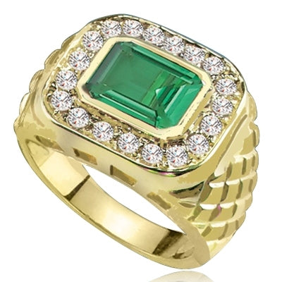 Imposing 14K Gold Vermeil Man's ring with a 4.0 ct. bezel-set Emerald cut Emerald center stone attended by a melee of Round cut mini masterpieces. 4.5 cts. t.w. For prime movers. (Also available in 14K Solid Yellow Gold, Item#GRD1528).