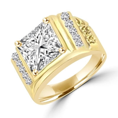 14K Gold Vermeil mans ring with a massive 6.0 ct. Radiant Square cut Diamond Essence Masterpiece surrounded by a loyal group of flawless, diamond-bright Round cut team players. 6.5 cts. t.w. Projects the perfect aura for your dynamic man.