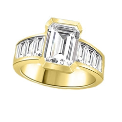Escape with this Wide Band Ring with Channel Set Emerald Essence, 2.5 cts., separated by straight Diamond Bright Baguettes set vertically for a totally magnificent effect. 3.5 cts. T.W. set in 14K Gold Vermeil.